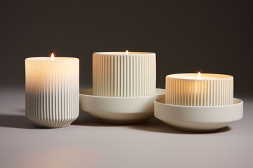 Three round lit soy wax candles in minimalistic white holders against a neutral background, isolated, suggesting serenity and eco-friendly decor, natural aesthetic mood lights.