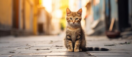 A small, fluffy kitten sits curiously on a cobblestone street, looking around with interest at its surroundings. The adorable feline seems comfortable in its urban environment.