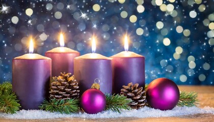 Obraz na płótnie Canvas advent four purple candles with christmas ornament in shiny night