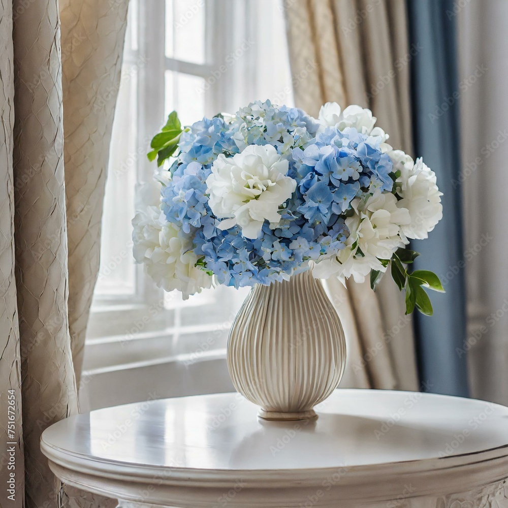 Wall mural vase with pale blue flowers in stylish living room