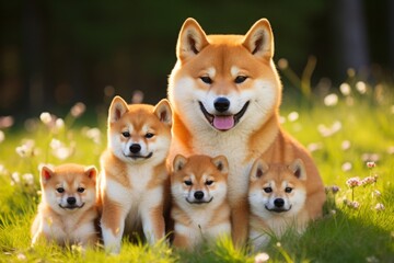 Naklejka na ściany i meble mother dog of the Shiba Inu breed and her puppies. family, motherhood in animals. litter or brood.