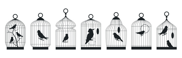 Metal birds cages silhouettes. Birds cages with domestic birds, finch, cockatoo, canary and budgie sitting in cages flat vector illustration set. Cages silhouette collection