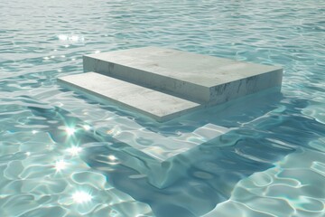 Stone podium stand in luxury blue pool water. Summer background of tropical design product placement display