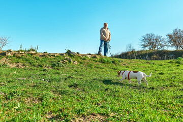 Gray haired man taking a walk with his jack russell dog in meadow in mountainous area. Mature man spending time outdoors with his dog in nature.