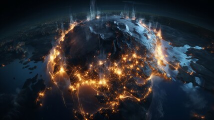 3D illustration of Earth showing illuminated cities and population density, suitable for themes of technology and the future.