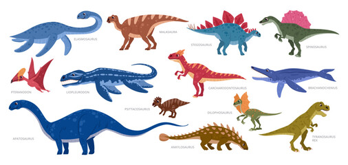 Cartoon dino set. Jurassic era reptiles, brontosaurus, triceratops and pterodactyl, prehistoric predators and herbivores flat vector illustration collection. Ancient dinosaurs © GreenSkyStudio