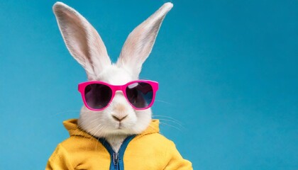 funny easter concept holiday animal celebration greeting card cool cute easter bunny rabbit with sunglasses and jogging suit with rabbit ears isolated on blue background