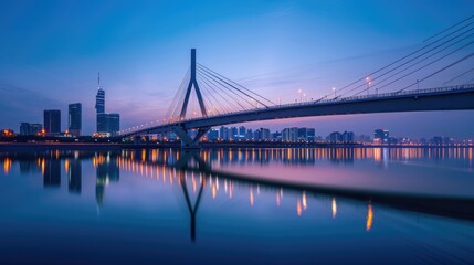 Fototapeta na wymiar Panoramic twilight view over a sleek modern bridge with city architecture reflections. Resplendent.