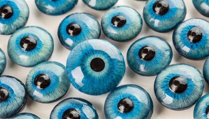 a pair of gummy blue eyeballs being stared by a lot of other blue eyes