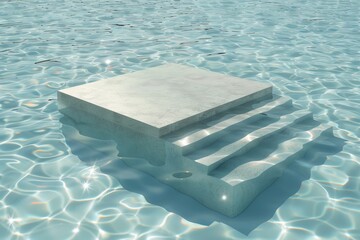 Stone podium stand in luxury blue pool water. Summer background of tropical design product placement display