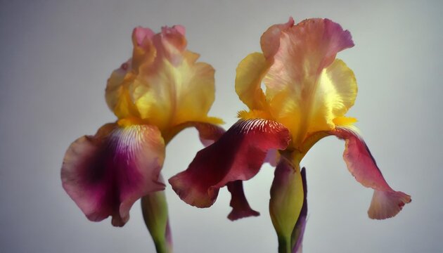 two colorful bright iris flowers of yellow red pink shade close up on a white isolated background