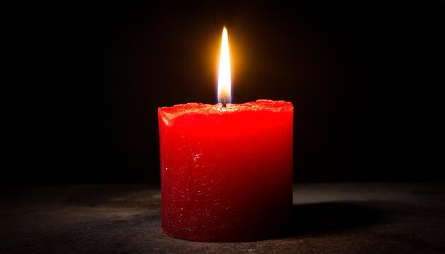 one very short red candle near the bottom of the image burning in total darkness
