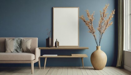 beige interior wood side table vase with twigs near big empty frame mock up poster with copy space against blue wall scandinavian home interior design of modern living room