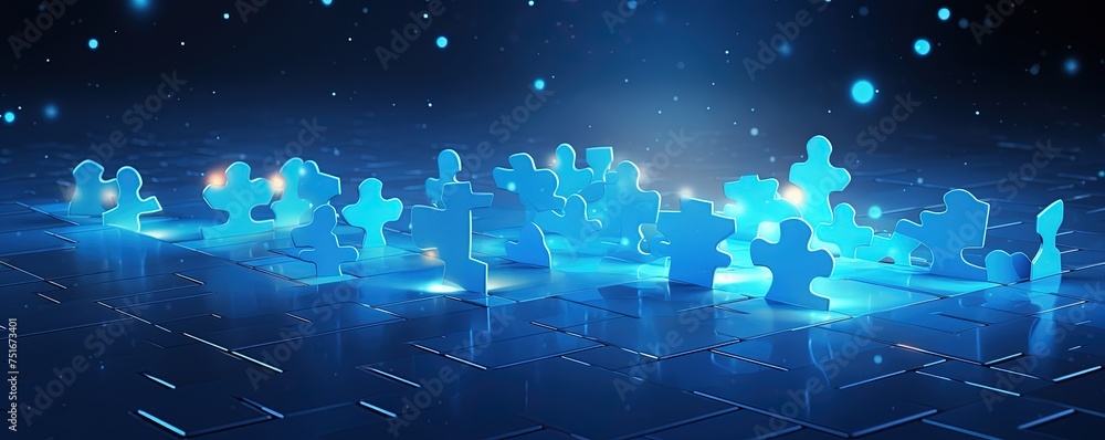 Poster connecting a jigsaw puzzle with glowing blue. low polygon or low poly design and triangle style desi