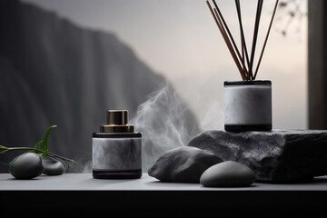 A marble diffuser with reeds stands by a misting perfume bottle, smooth stones, evoking a luxurious natural and peaceful spa day atmosphere.