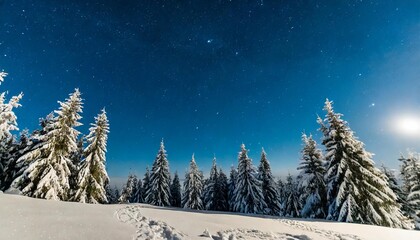 panoramic snowy background at night winter wonderland snow covered trees sky and stars