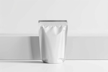 Mock-up of a coffee bag on a gray background with green leaves. Coffee gray bag with zipper.