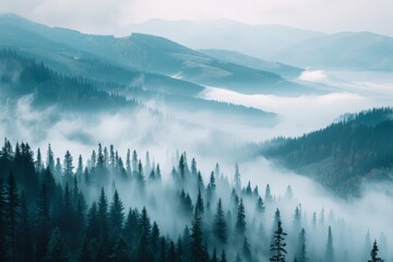 Naklejka premium A dense forest shrouded in thick fog, with numerous trees towering towards the sky. The mist obscures the distance, creating a mysterious and atmospheric scene.