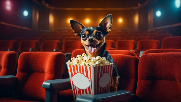 funny dog in the cinema with popcorn character