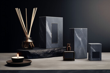 Marble-patterned diffuser with natural reeds, a lit candle, and sleek, geometric blocks set against a dark backdrop, creating a modern, luxurious spa atmosphere.