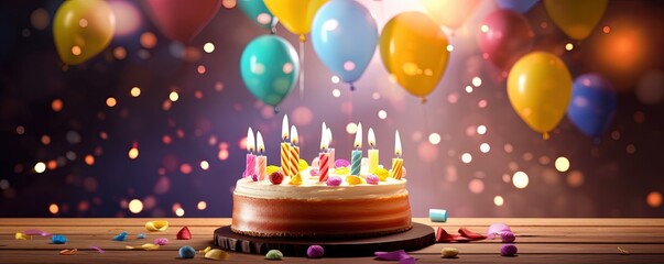 Obraz premium Happy birthday party celebration greeting card banner - Colorful birthday cake with many burning candles on wooden table, with balloons and confetti in the background
