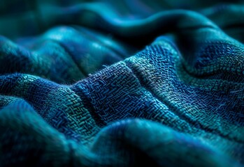  blue wool towel lying flat on a table, in the style of textured surface layers, opt art, dark green and cyan, digitally enhanced, close-up shots, soft and rounded forms, grid formations 