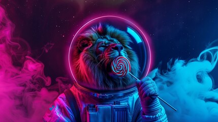 lion portrait using an astronaut helmet eating