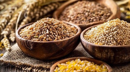 Selection of whole grains in white bowls - rice, oats, buckwheat, bulgur, porridge, barley, quinoa, amaranth,