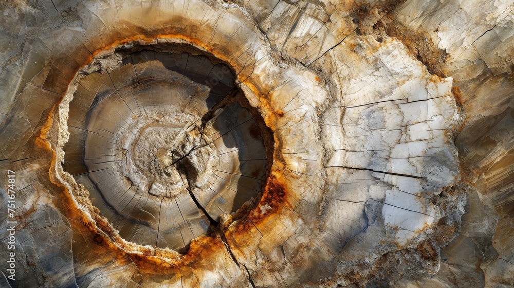 Poster close up of a cut tree trunk with cracks and streaks of rust
