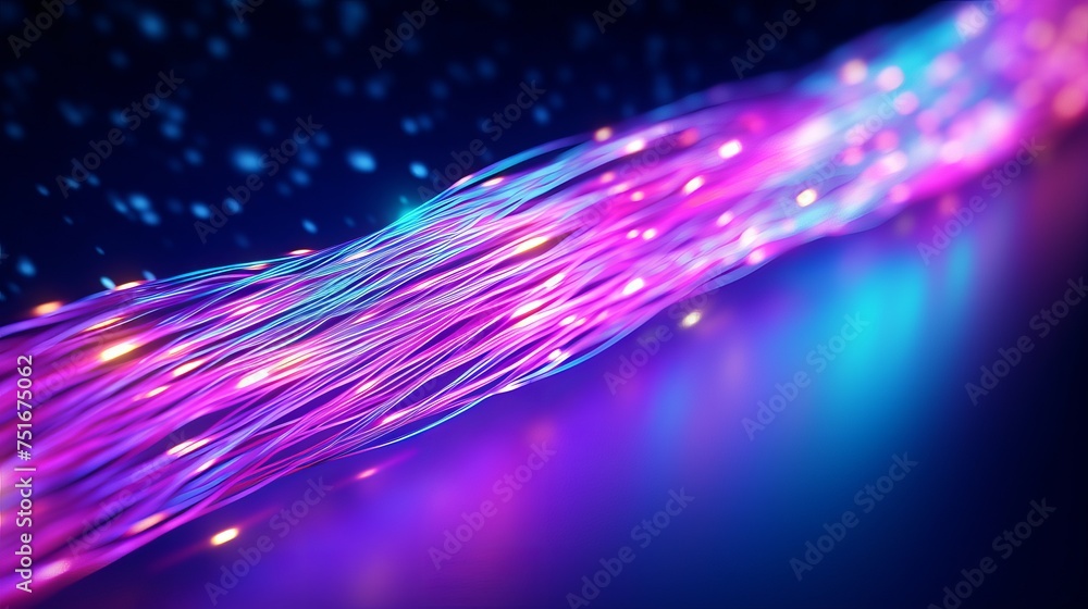 Poster 3d illustration showing bright signals transmitting data rapidly, with bundles of abstract fiber opt