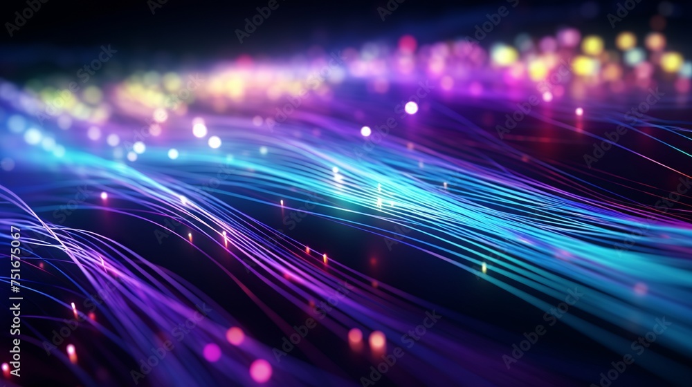 Poster 3d illustration showing bright signals transmitting data rapidly, with bundles of abstract fiber opt