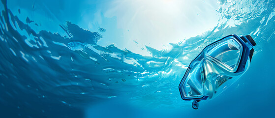 snorkel is sinking to the bottom of the blue ocean on sunny day background with copy space - obrazy, fototapety, plakaty