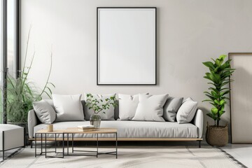 A modern living room featuring a comfortable couch and a sleek table. The couch is positioned facing the table, creating a cozy and inviting space for relaxation and socializing.