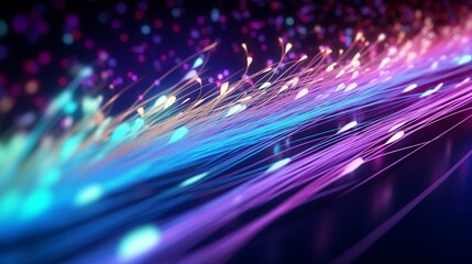 3D illustration showing bright signals transmitting data rapidly, with bundles of abstract fiber optic wires illuminated in neon light, symbolizing high-speed internet connection technology. - obrazy, fototapety, plakaty