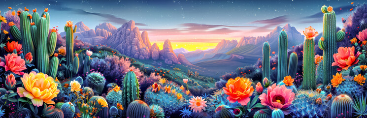 The desert landscape with cactus in full bloom against a sunset.