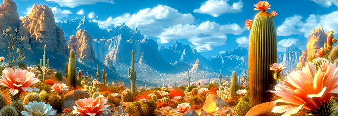 Panoramic Desert Cactus Landscape against a backdrop of towering mountains under a clear blue sky.
