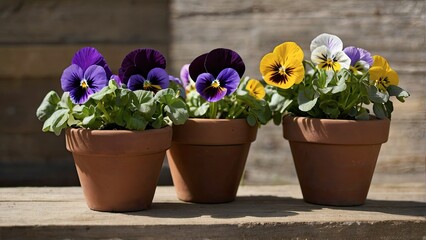 Potted pansies displayed in a triangle formation.
