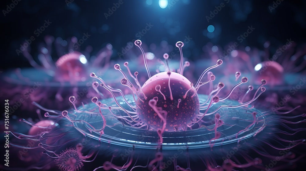 Poster 3d render illustration depicting the expansion of cyber life through organic circular tentacles, sym
