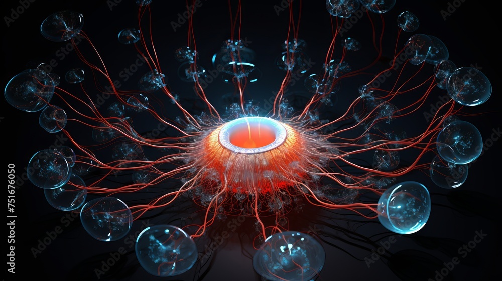 Poster 3d render illustration depicting the expansion of cyber life through organic circular tentacles, sym