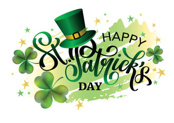 Happy Saint Patricks day abstract green gold banner with lettering phrase, clover leaves and green hat.