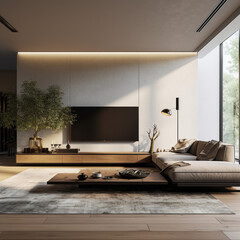 A stylish and inviting living room with a sleek media wall, an area rug, and a range of seating options