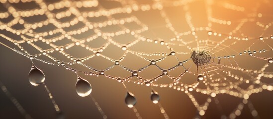 A spider web intricately woven with drops of water glistening in the morning light. The spider is barely visible among the droplets hanging from the silk threads.
