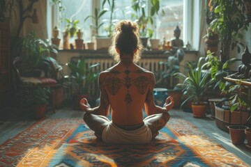 Man meditating, tranquility, tattoos.