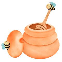 Clay honey jar with lid and honey scoop