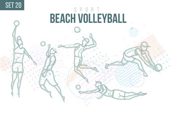sport volleyball, handball Tournament Summer Games , sports games sport hand-drawn doodles. vector illustration set volley beach game background