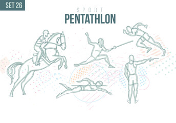 sport Modern pentathlon Tournament Summer Games, Fencing, running, shooting, riding, swimming, sports games sport hand-drawn doodles. vector illustration set game background 