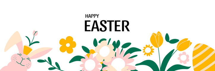 Happy Easter abstract graphic design banner. Holiday template, layout. Spring background with funny bunny and Eggs. Vector illustration.