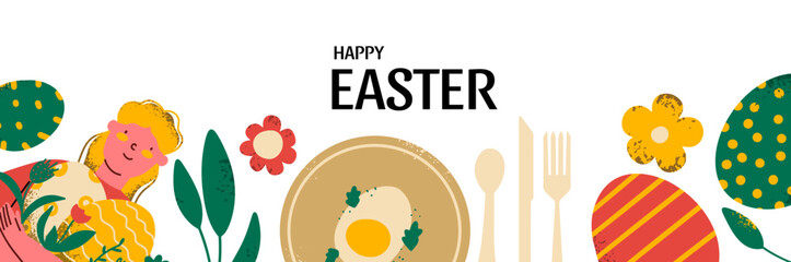 Happy Easter abstract graphic design banner. Holiday template, layout. Spring background with flowers and Eggs. Vector illustration in hand draw style.