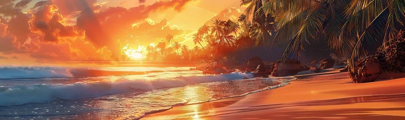 Crédence de cuisine en verre imprimé Orange Sunset with palm trees on beach, landscape of palms on sea island. AI generated illustration