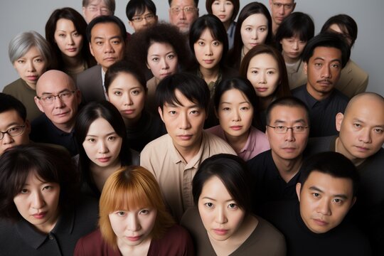 Diverse group of Japanese Asian people serious face